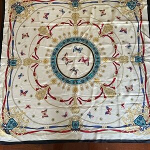 Elegant Butterfly Chain Print Silk Scarf in Cream, Blue & Red 34“ x 34“ designer